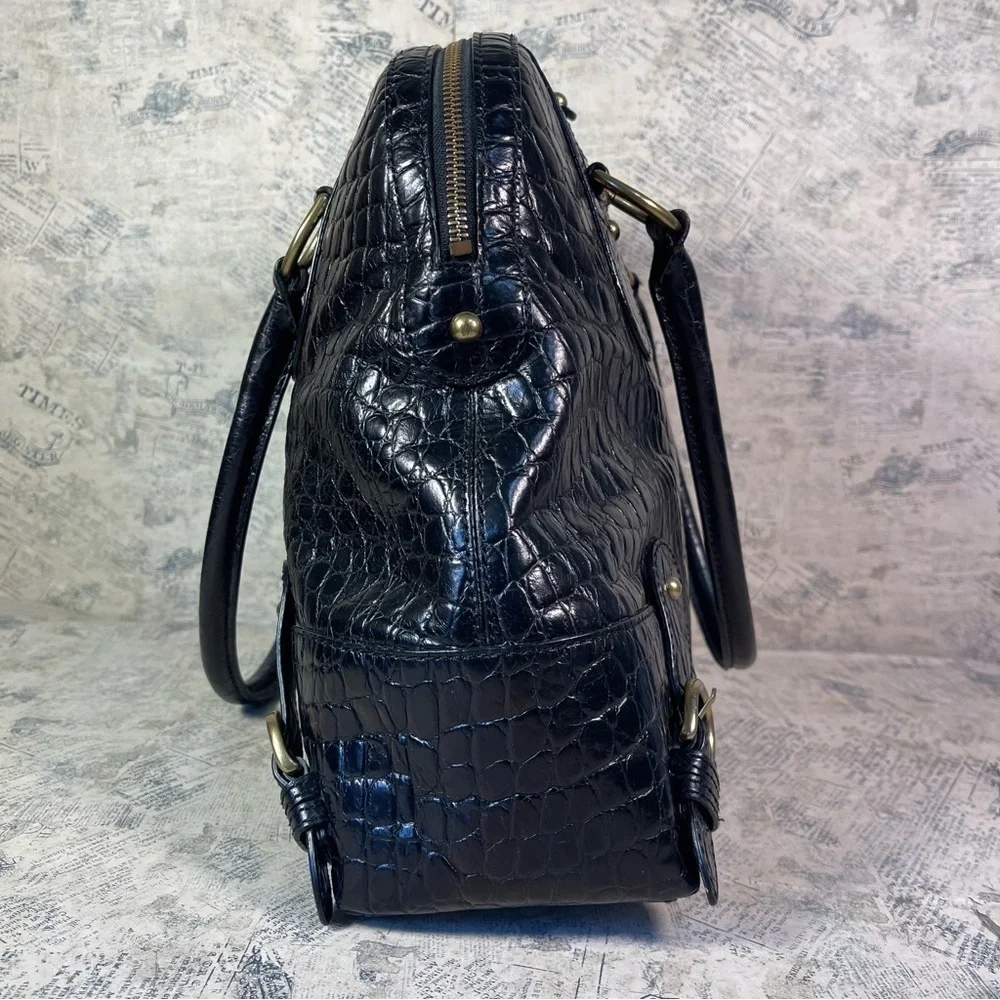 Banana Republic Black Croc Embossed Leather Satchel Work Tote Gold Hardware
